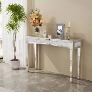 47.2" Mirrored Desk Silver Console Table Mirror Sofa Table with Crystal Inlay Front for Living Room, Entryway, Foyer