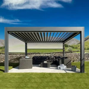 Aluminum Louvered Roof Pergola With Electric Motorized Roller Blinds Outdoor Sun Shade Pergola With Led Light