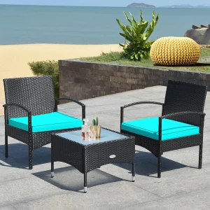 3 PCS Patio Wicker Rattan Furniture Set Coffee Table & 2 Rattan Chair W/Cushion