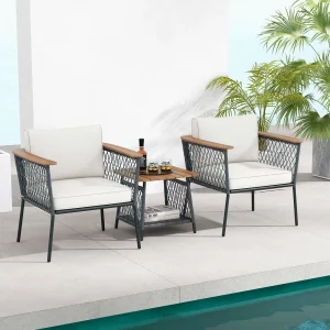 3 PCS Patio Furniture Set with 2-Tier Coffee Table Acacia Wood Armrests Tabletop