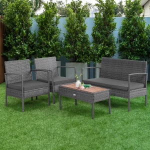 4PCS Patio Rattan Furniture Set Cushioned Chair Wooden Tabletop Gray